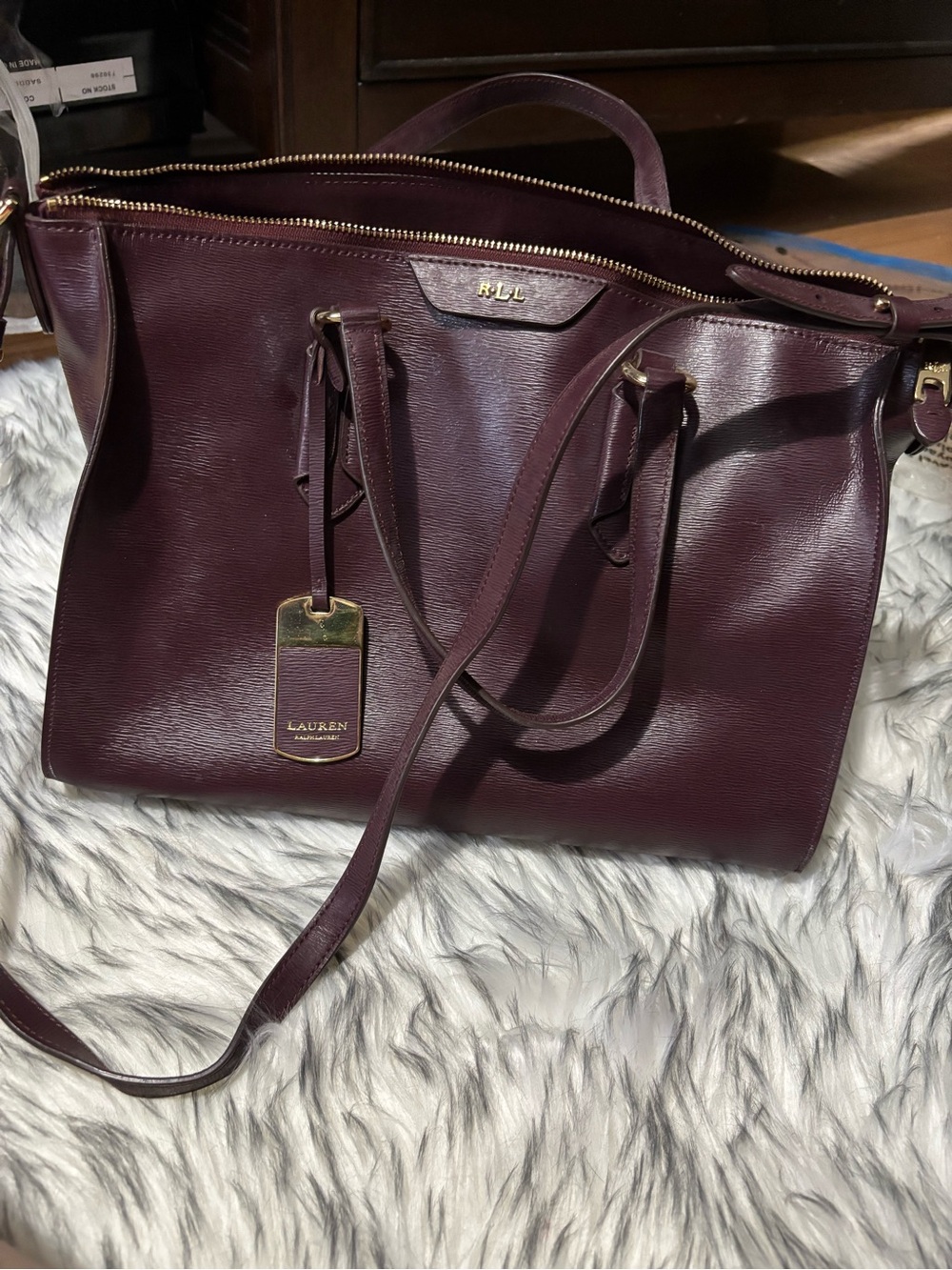 Ralph Lauren Plum Leather Tote with Gold Hardware